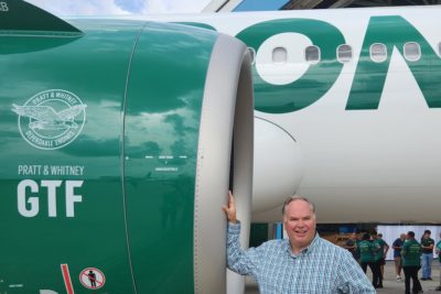 Frontier CEO Barry Biffle in front of an Airbus A321neo