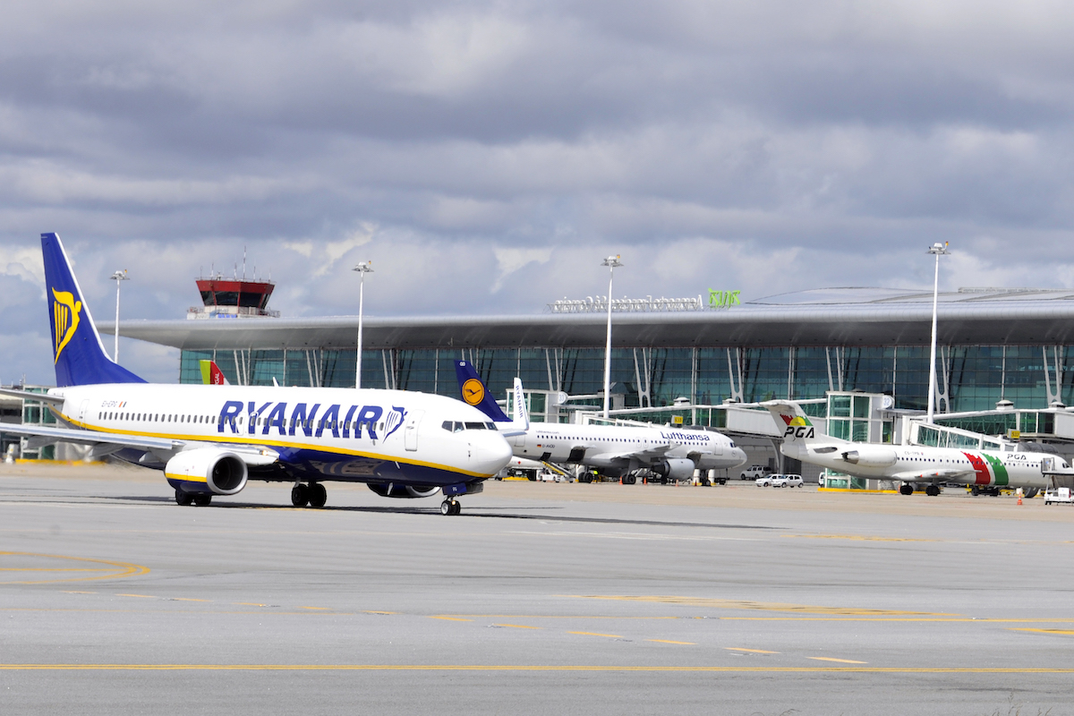 A Ryanair plane taxis at the Porto airport