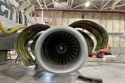 An aircraft engine undergoing maintenance.