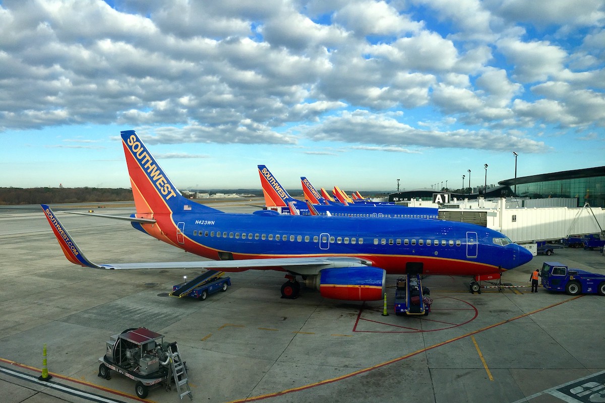 A line of Southwest planes at Baltimore-Washington airport