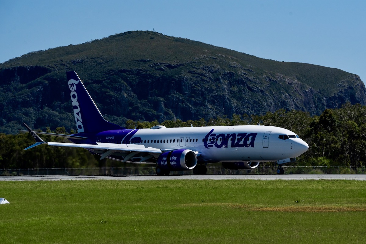 A Bonza Boeing 737 arrives at Sunshine Coast in Australia