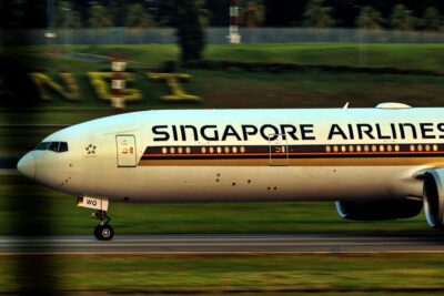 A Singapore Airlines plane lands at Changi airport.