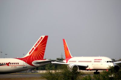Tails of Air India planes at the Delhi airport