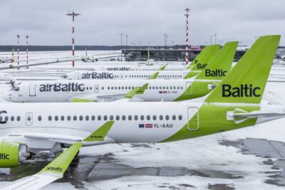 AirBaltic planes on the ramp in Riga, Latvia.