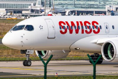 A Swiss Air plane taxis at the Frankfurt airport.