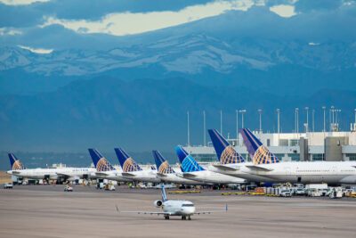 A line of United jets at the Denver airport