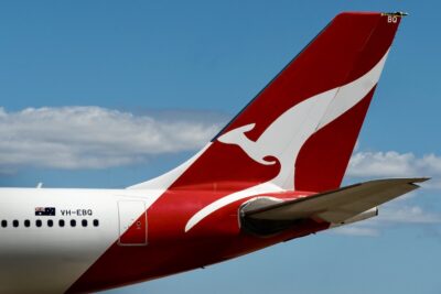 A kangaroo-adorned Qantas tail